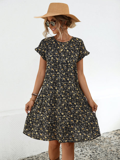 Frill Floral Round Neck Short Sleeve Tiered Dress - Odaingerous